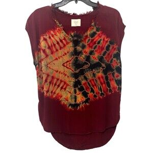 Anthropologie TINA JO Burgundy Tie Dye Top Cap Sleeve Rayon Boho Chic Beach XS